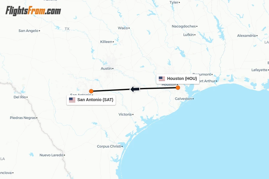 Flights from Houston to San Antonio route map