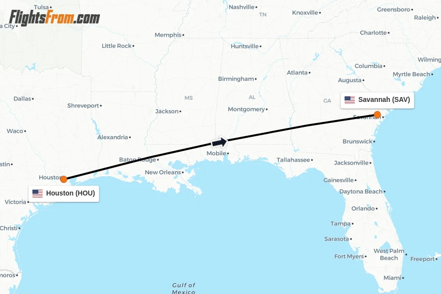 Flights from Houston to Savannah route map