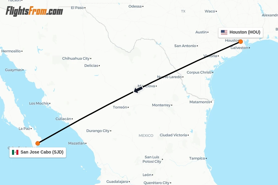 Flights from Houston to San Jose Cabo route map