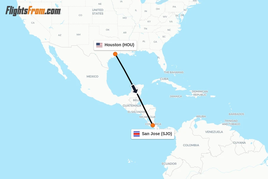 Flights from Houston to San Jose route map