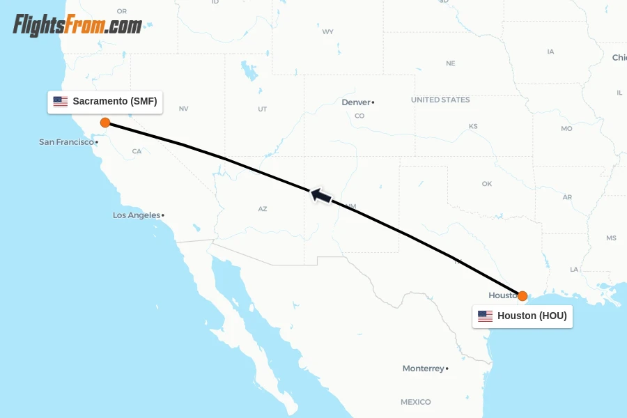 Flights from Houston to Sacramento route map