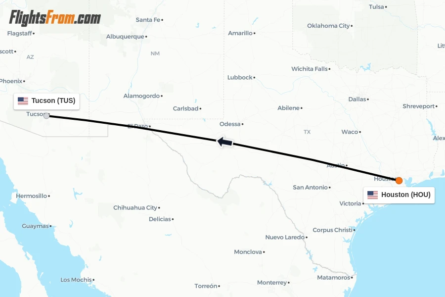Flights from Houston to Tucson route map