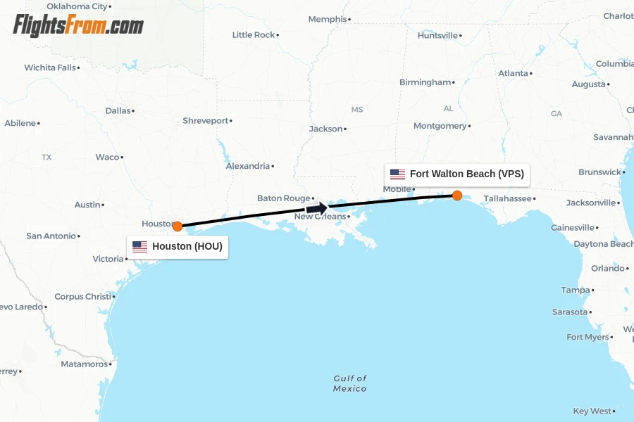 Flights from Houston to Fort Walton Beach route map