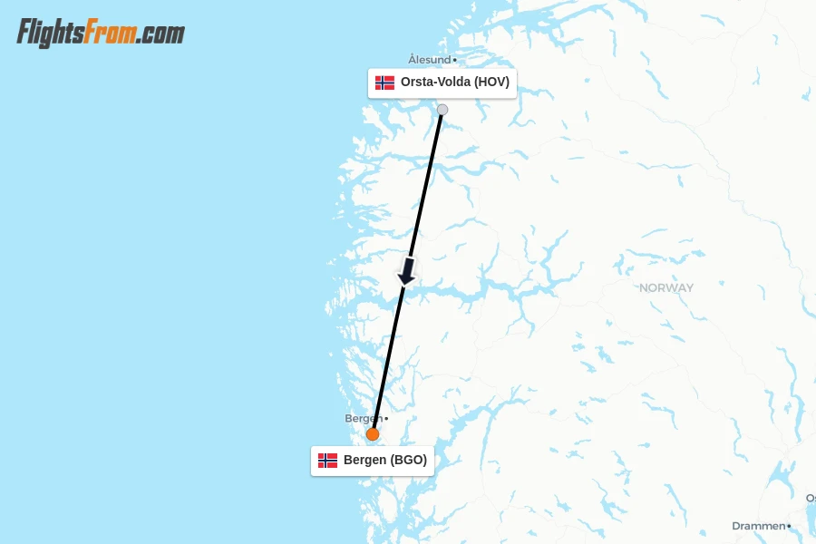 Flights from Orsta-Volda to Bergen route map