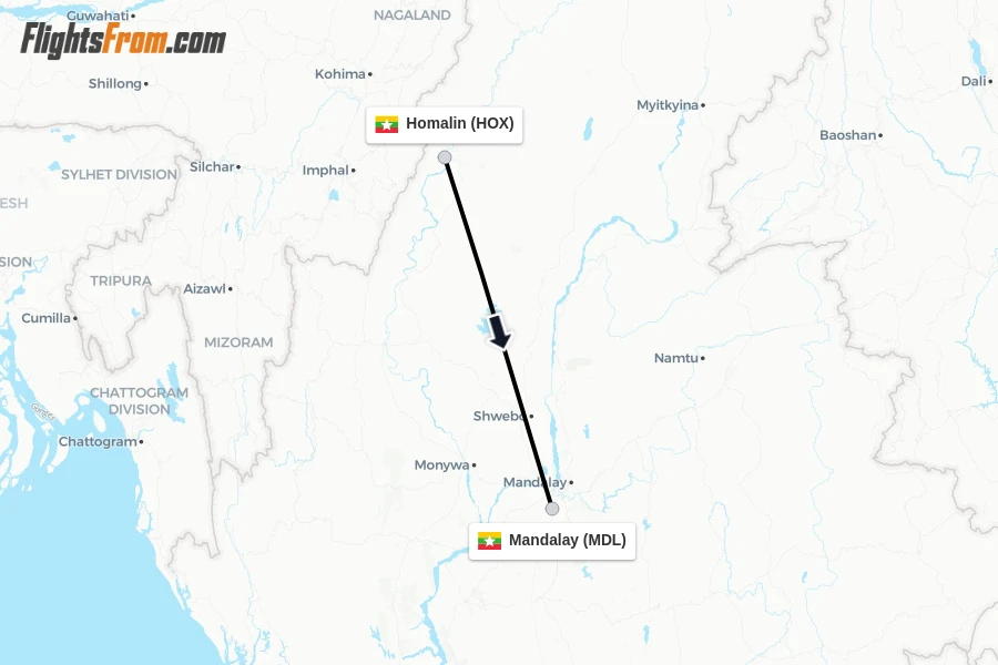 Flights from Homalin to Mandalay route map
