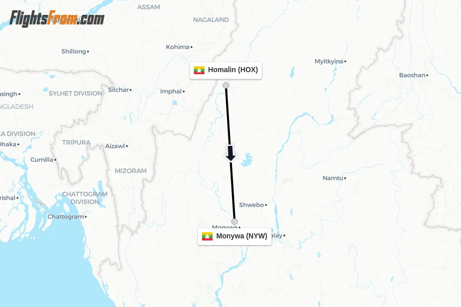 Flights from Homalin to Monywa route map