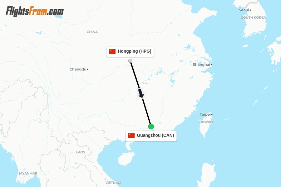 Flights from Hongping to Guangzhou route map