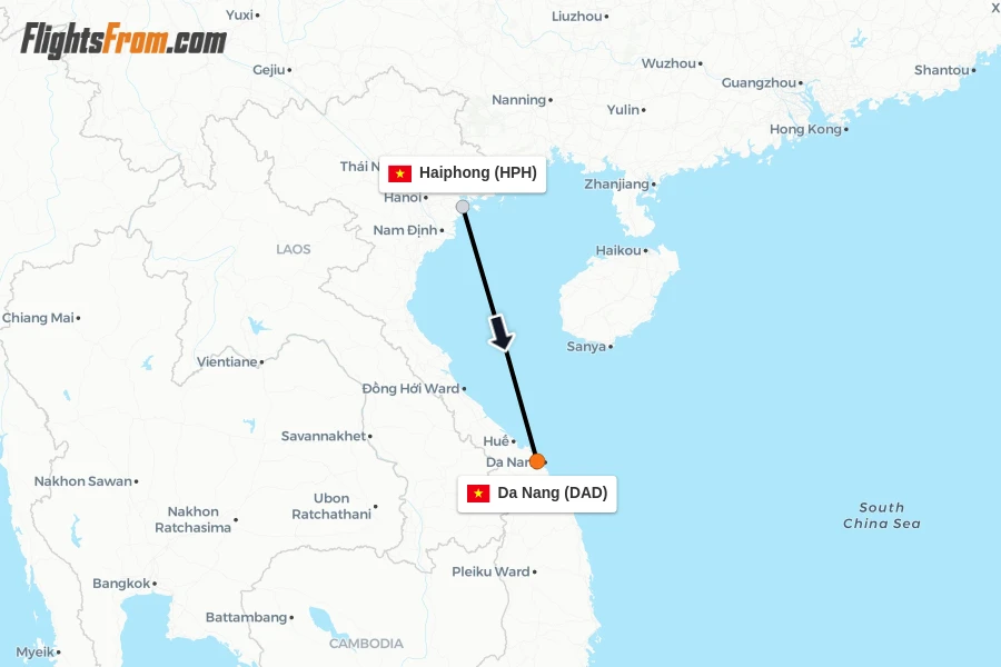 Flights from Haiphong to Da Nang route map