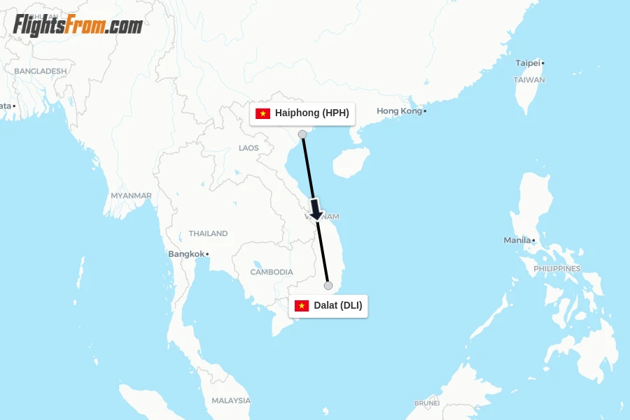 Flights from Haiphong to Dalat route map