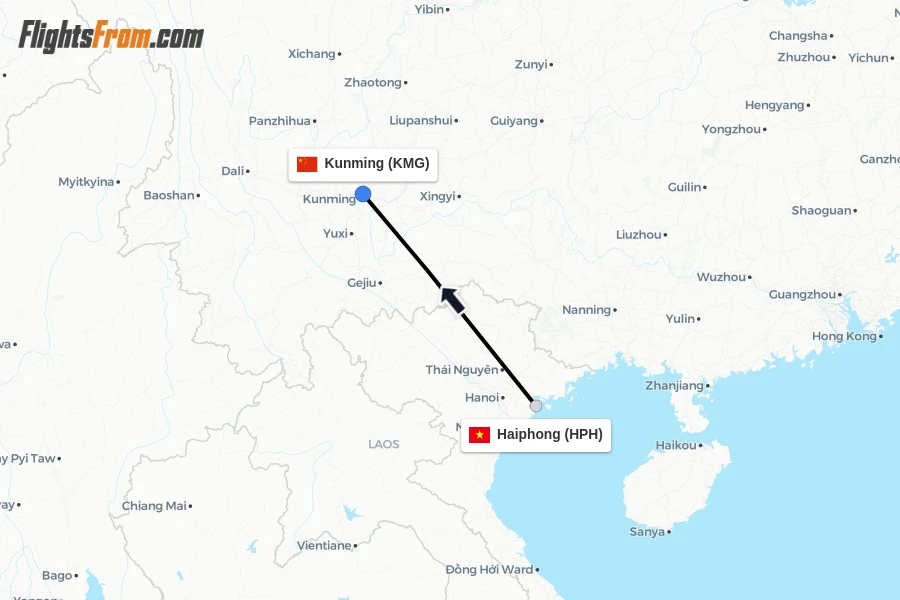 Flights from Haiphong to Kunming route map