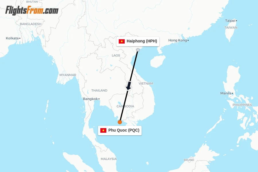 Flights from Haiphong to Phu Quoc route map
