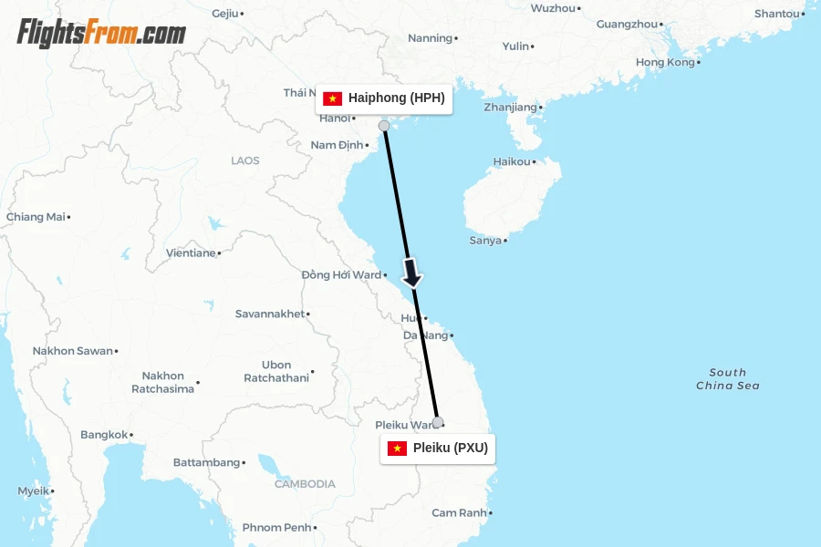 Flights from Haiphong to Pleiku route map