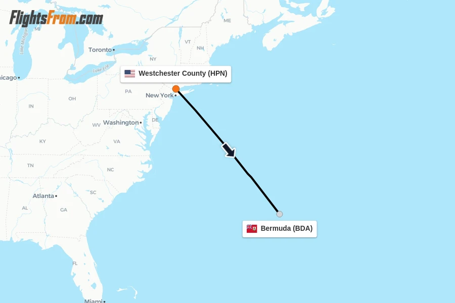Flights from Westchester County to Bermuda route map