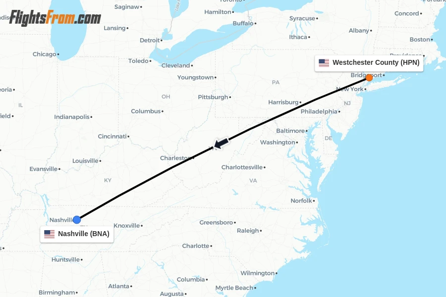Flights from Westchester County to Nashville route map