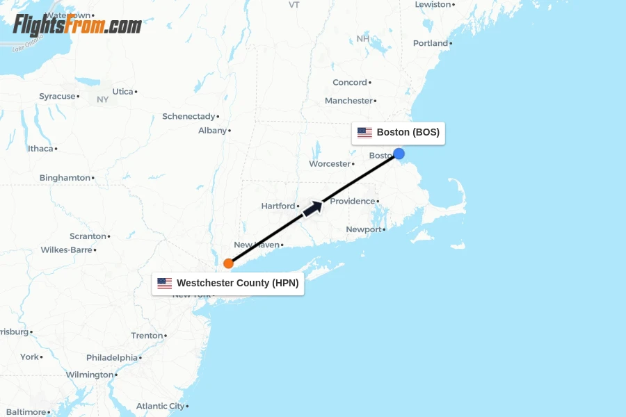 Flights from Westchester County to Boston route map