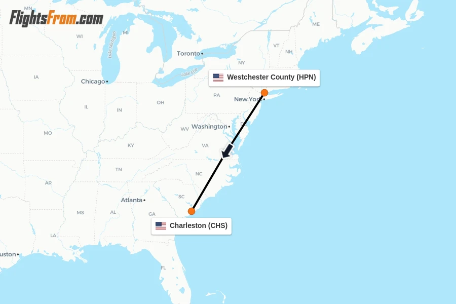 Flights from Westchester County to Charleston route map
