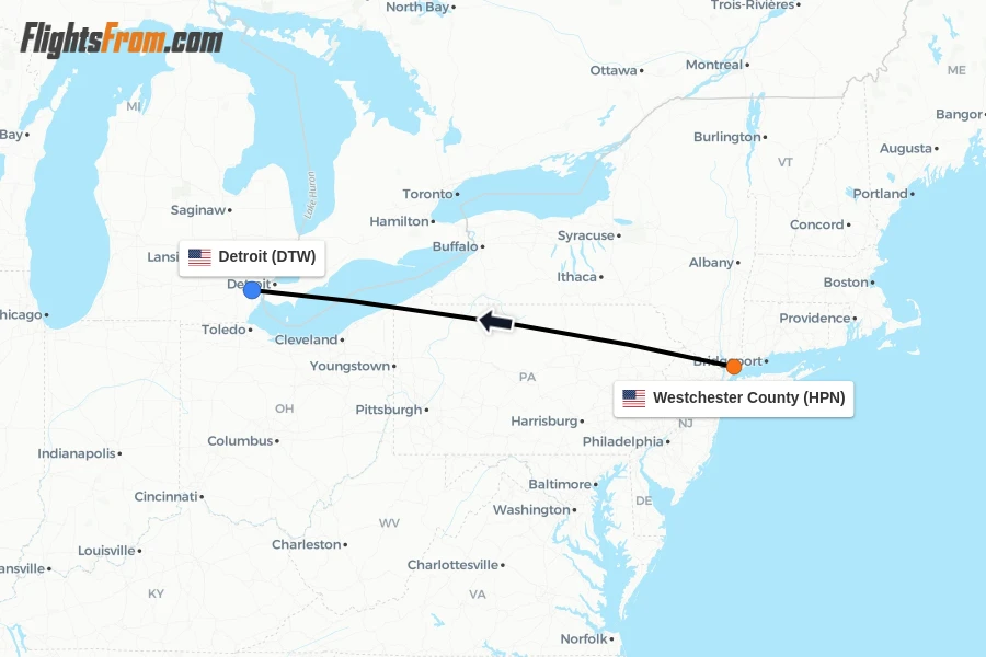 Flights from Westchester County to Detroit route map