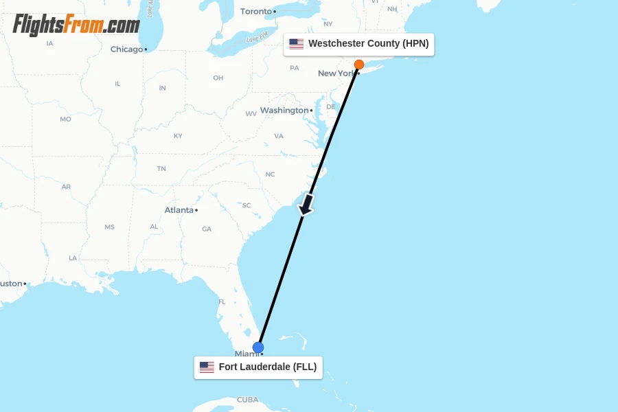Flights from Westchester County to Fort Lauderdale route map