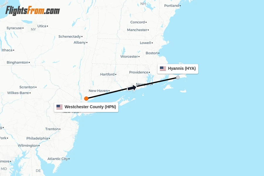 Flights from Westchester County to Hyannis route map