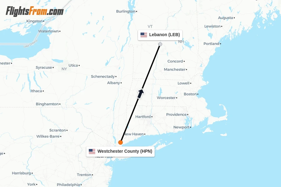 Flights from Westchester County to Lebanon route map