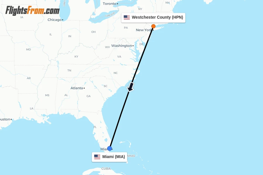 Flights from Westchester County to Miami route map