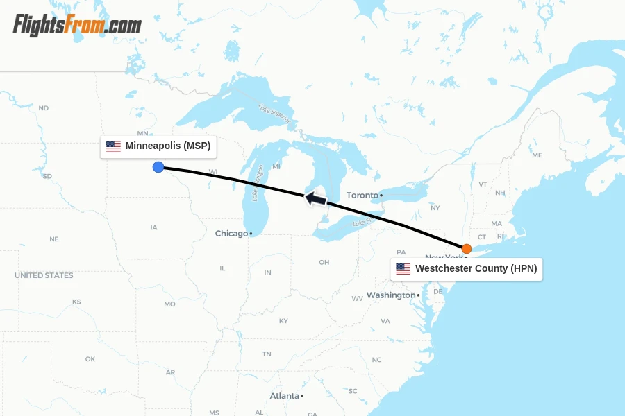 Flights from Westchester County to Minneapolis route map