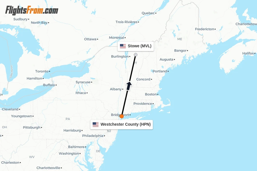 Flights from Westchester County to Stowe route map