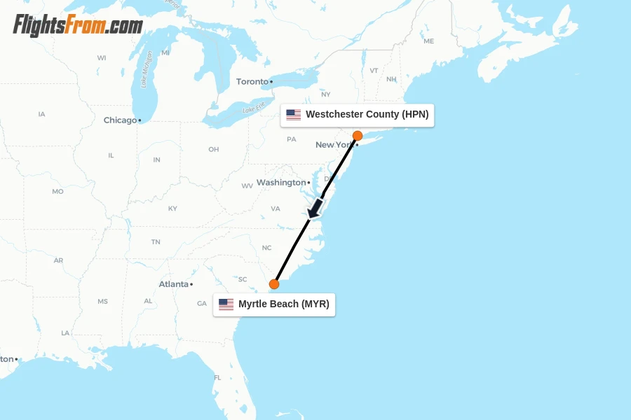 Flights from Westchester County to Myrtle Beach route map
