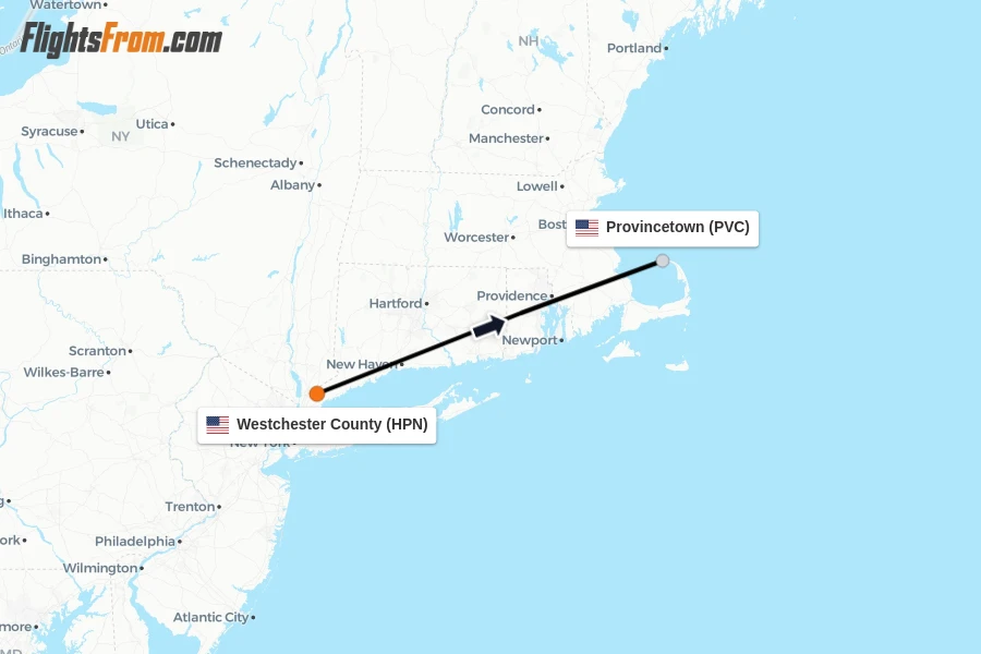Flights from Westchester County to Provincetown route map