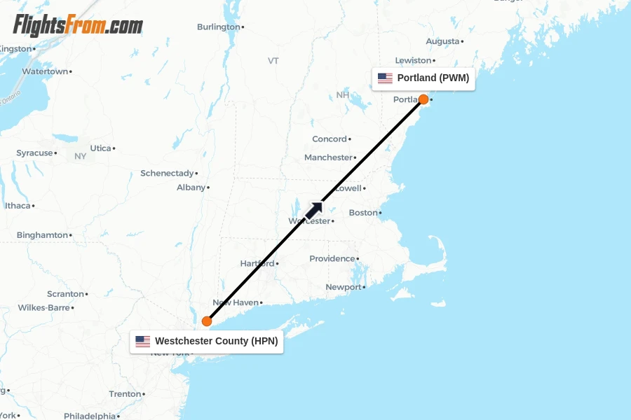 Flights from Westchester County to Portland route map
