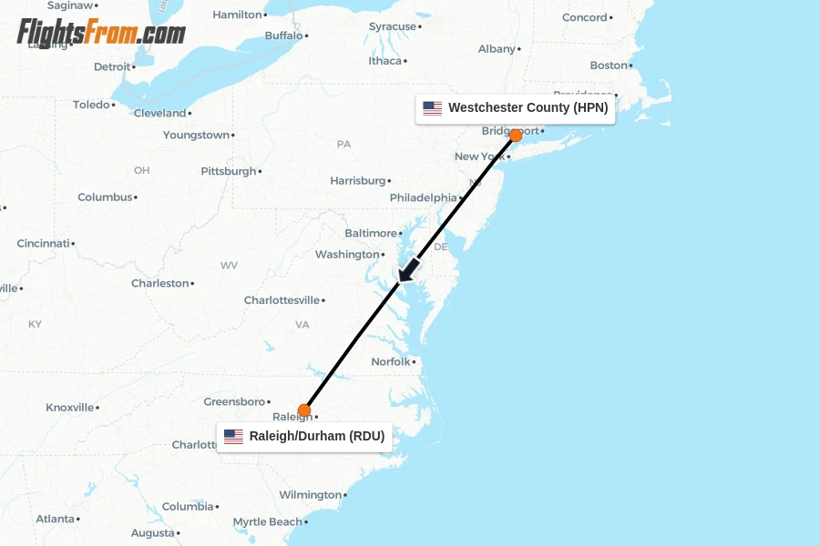 Flights from Westchester County to Raleigh/Durham route map