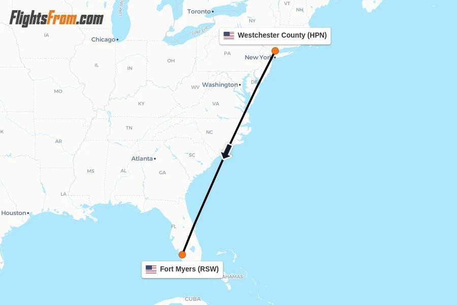 Flights from Westchester County to Fort Myers route map