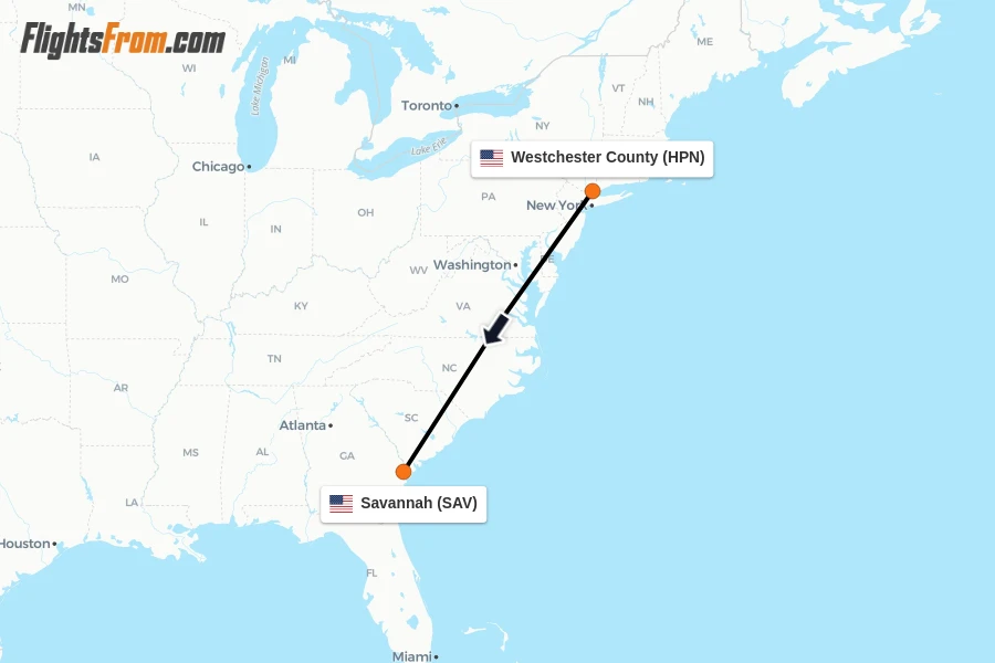 Flights from Westchester County to Savannah route map