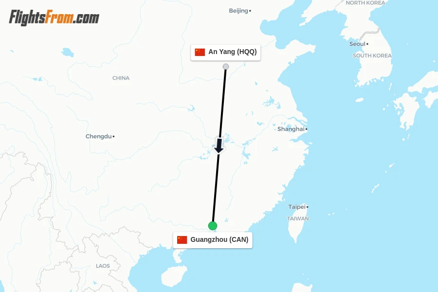 Flights from An Yang to Guangzhou route map