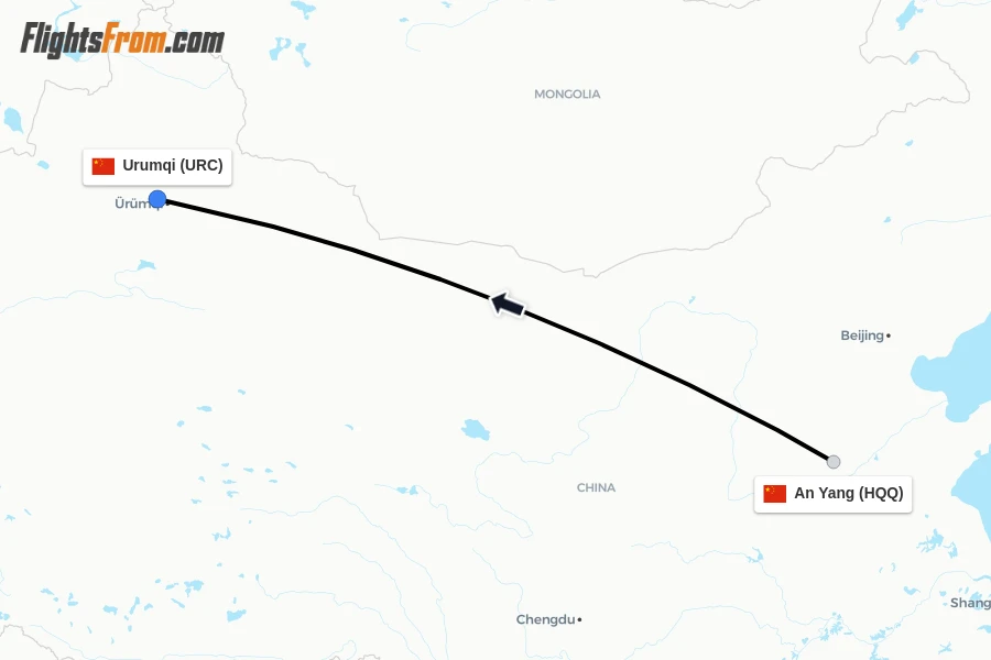 Flights from An Yang to Urumqi route map