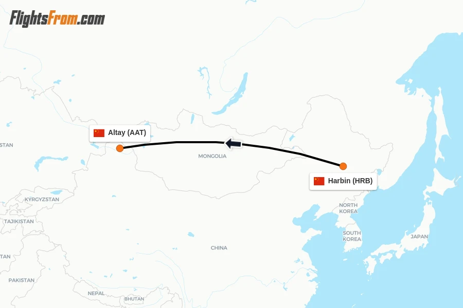 Flights from Harbin to Altay route map
