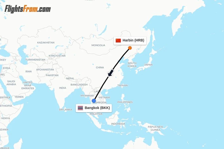 Flights from Harbin to Bangkok route map