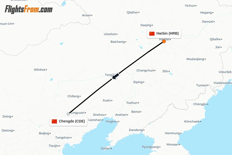 Flights from Harbin to Chengde route map