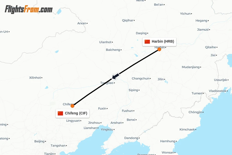 Flights from Harbin to Chifeng route map