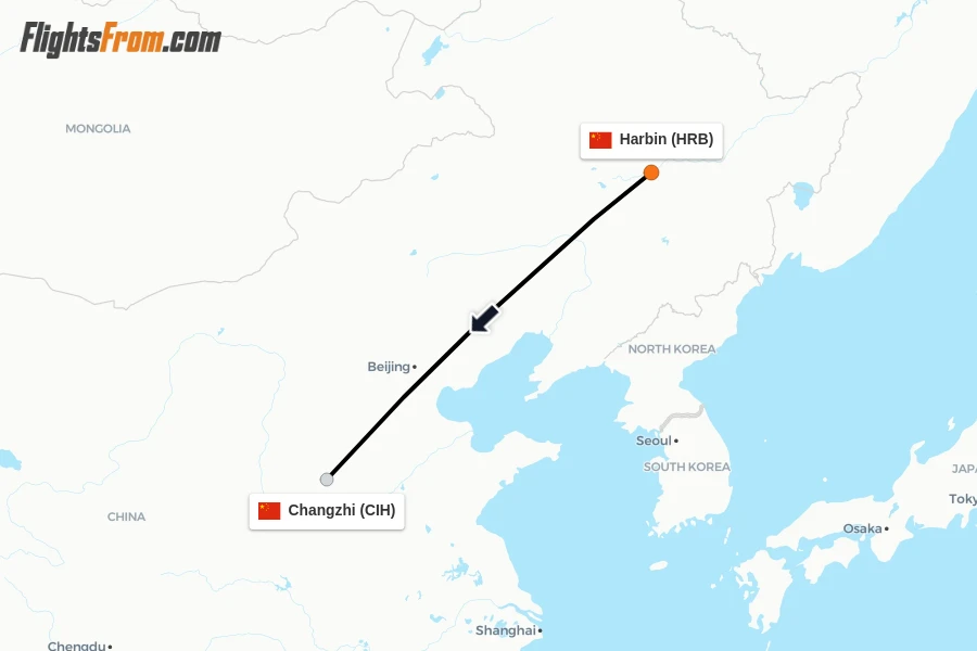 Flights from Harbin to Changzhi route map
