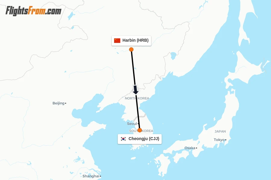 Flights from Harbin to Cheongju route map