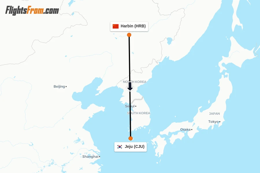 Flights from Harbin to Jeju route map