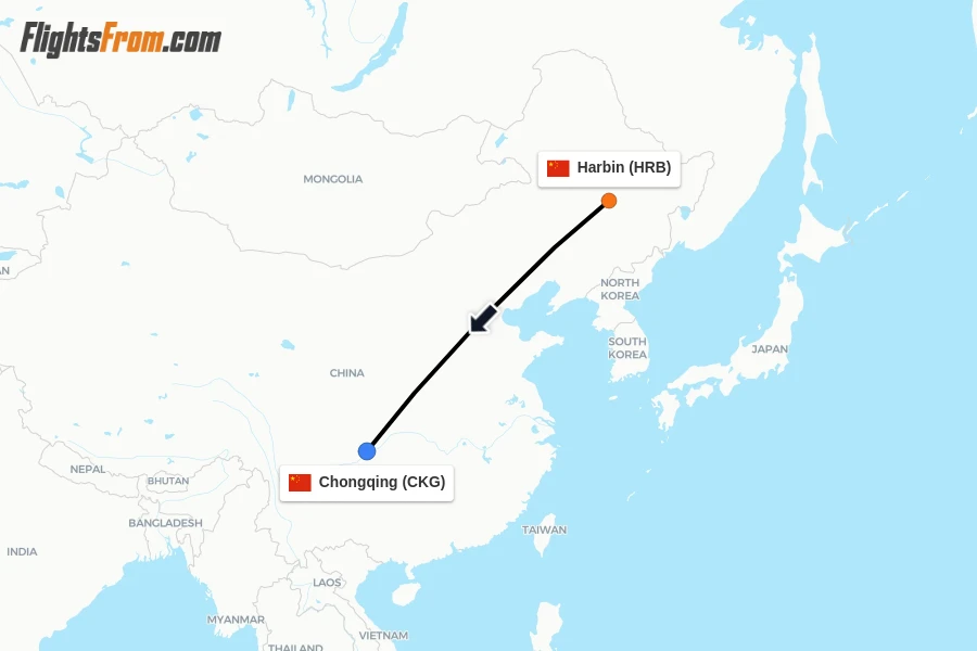 Flights from Harbin to Chongqing route map