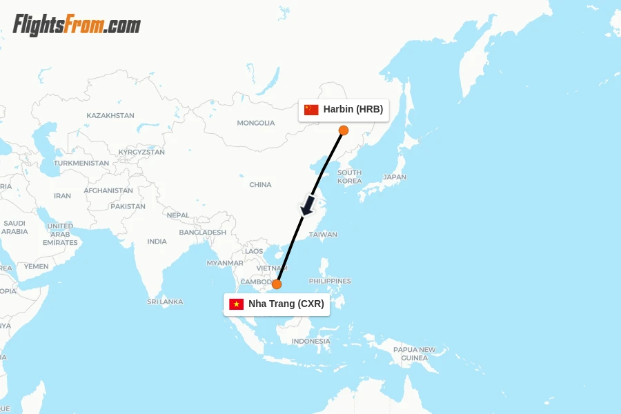 Flights from Harbin to Nha Trang route map
