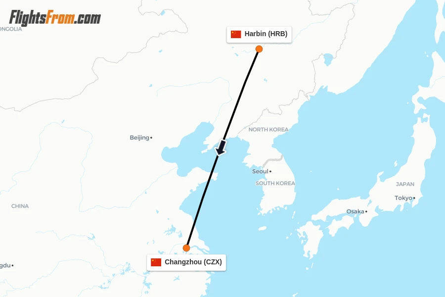 Flights from Harbin to Changzhou route map