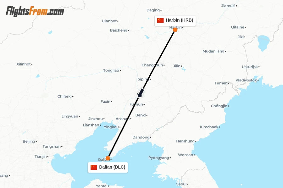 Flights from Harbin to Dalian route map