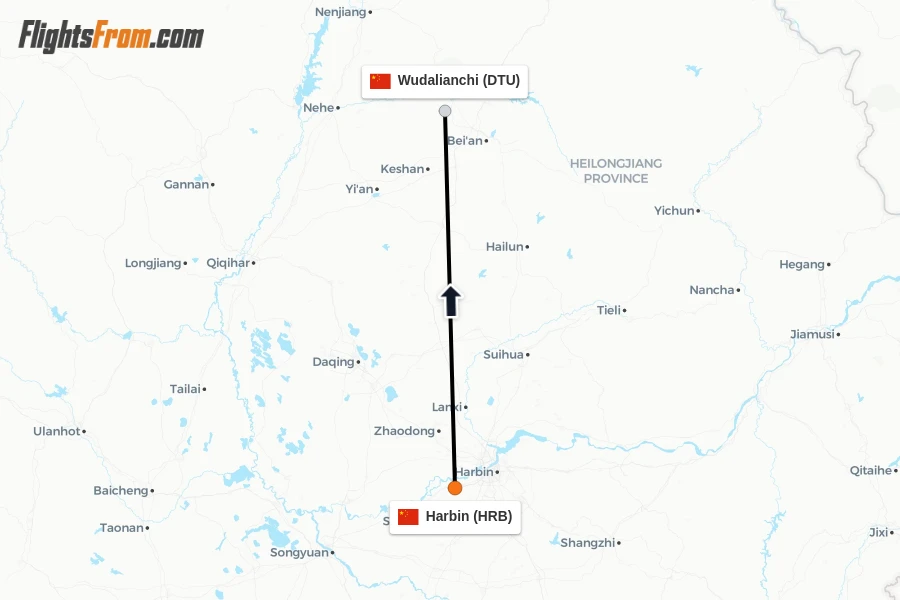 Flights from Harbin to Wudalianchi route map