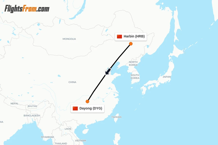 Flights from Harbin to Dayong route map