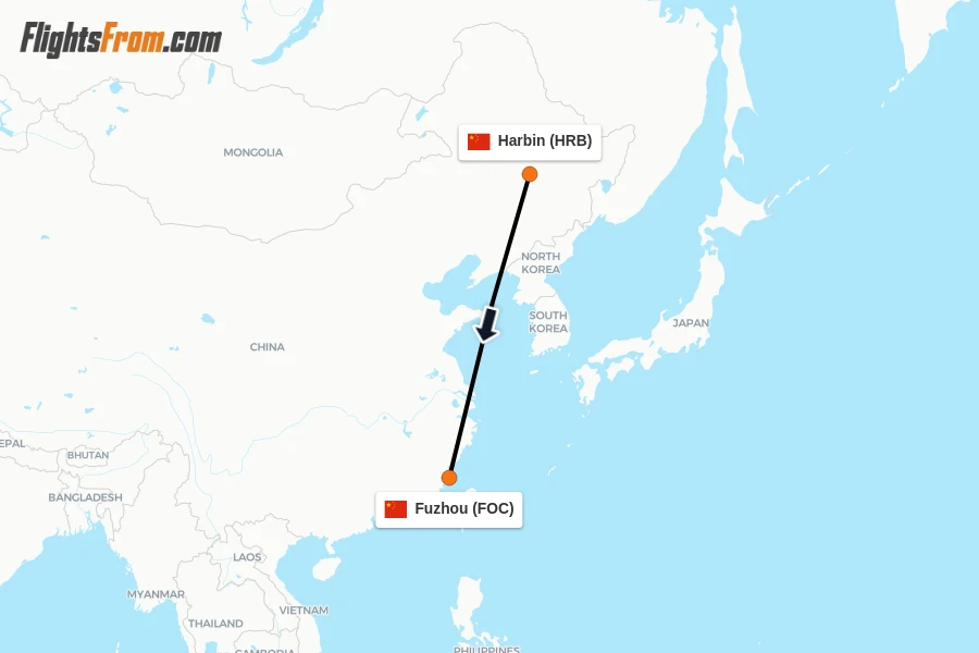 Flights from Harbin to Fuzhou route map