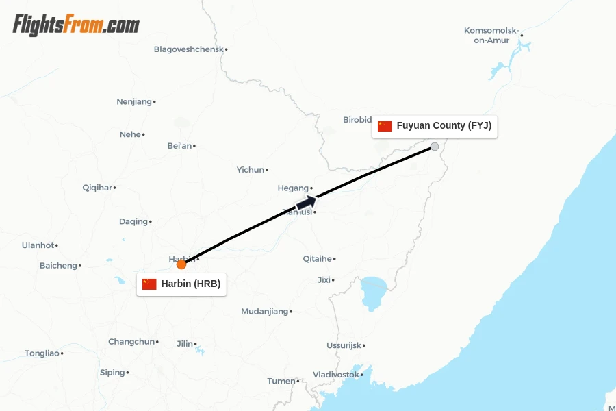 Flights from Harbin to Fuyuan County route map